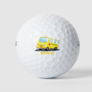 Cute happy yellow school bus cartoon golf balls