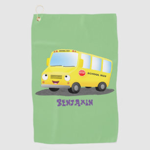 Cute happy yellow school bus cartoon golf towel