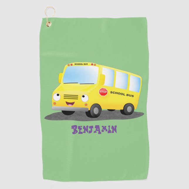 Cute happy yellow school bus cartoon golf towel (Front)