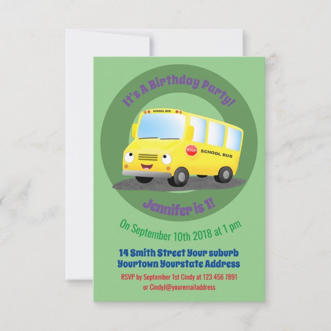Cute happy yellow school bus cartoon invitation (Front)