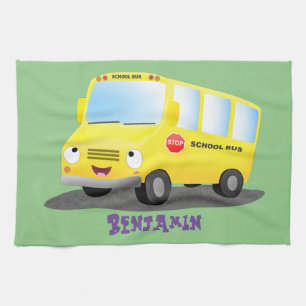 Cute happy yellow school bus cartoon kitchen towel