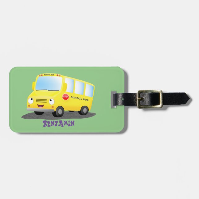 Cute happy yellow school bus cartoon luggage tag (Front Horizontal)