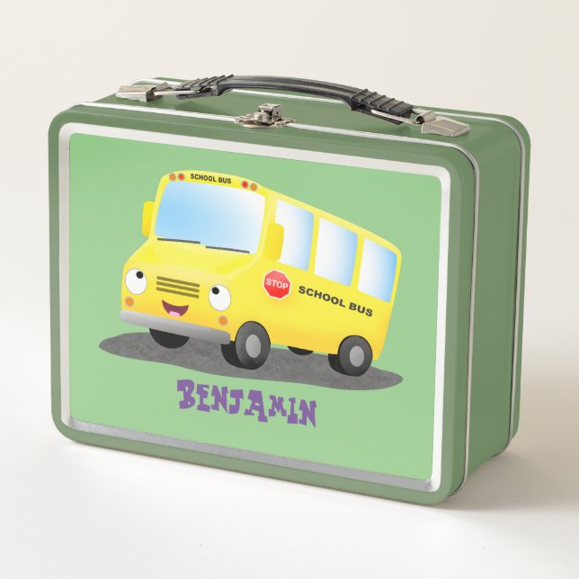 Cute happy yellow school bus cartoon metal lunch box (Front)