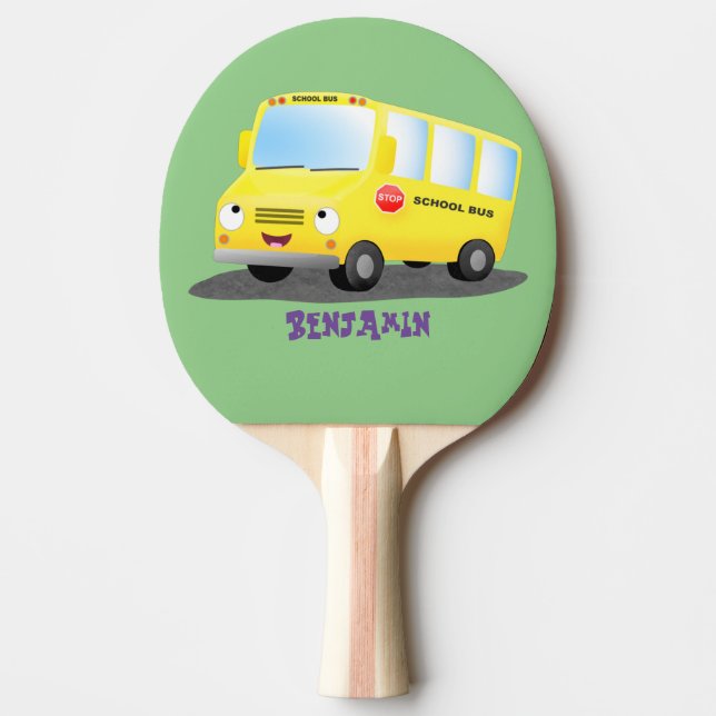 Cute happy yellow school bus cartoon ping pong paddle (Front)