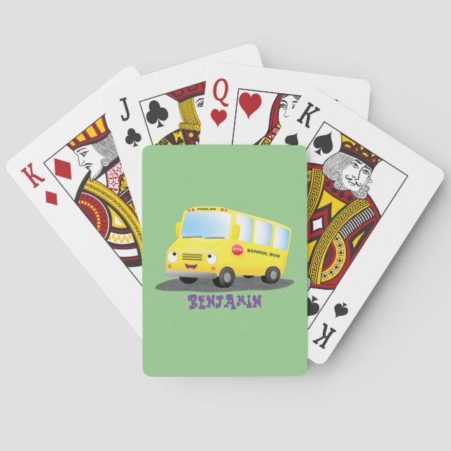 Cute happy yellow school bus cartoon  playing cards (Back)