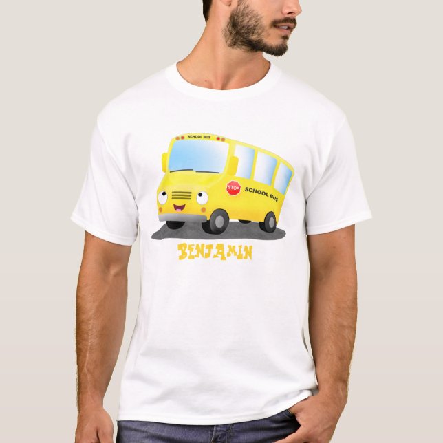 Cute happy yellow school bus cartoon T-Shirt (Front)