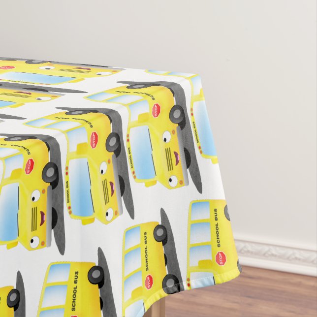 Cute happy yellow school bus cartoon tablecloth (In Situ)