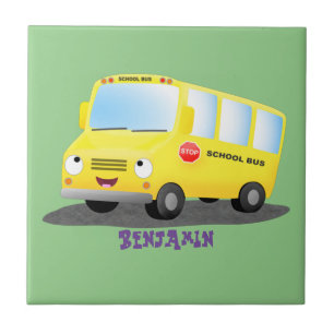 Cute happy yellow school bus cartoon tile