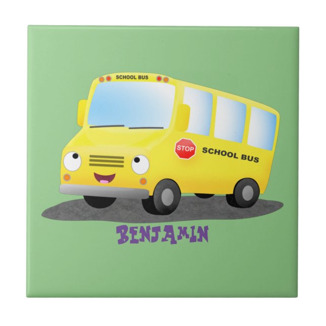 Cute happy yellow school bus cartoon tile (Front)