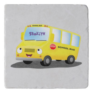 Cute happy yellow school bus cartoon trivet