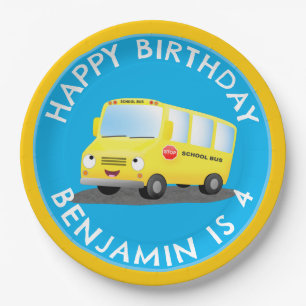 Cute happy yellow school bus personalized birthday paper plate