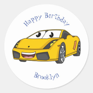Cute happy yellow sports car cartoon classic round sticker