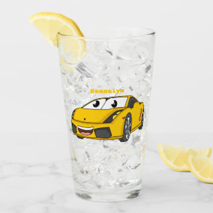 Cute happy yellow sports car cartoon glass