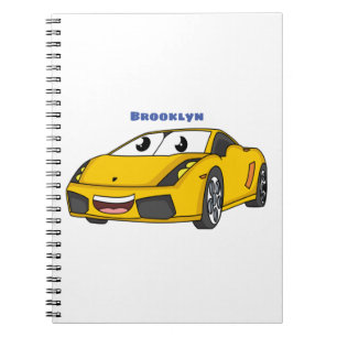 Cute happy yellow sports car cartoon notebook