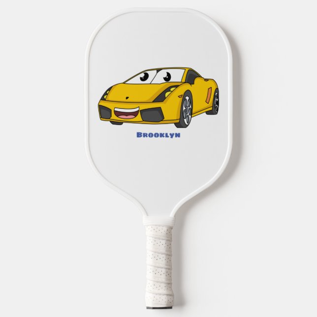 Cute happy yellow sports car cartoon pickleball paddle (Front)