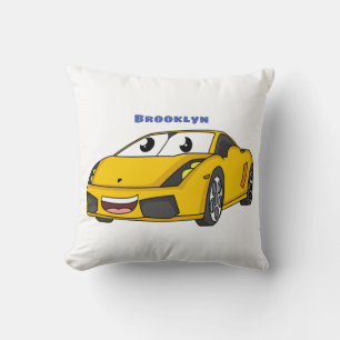 Cute happy yellow sports car cartoon throw pillow
