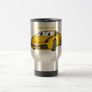 Cute happy yellow sports car cartoon travel mug
