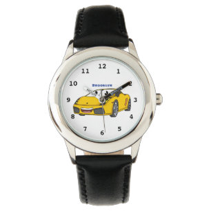 Cute happy yellow sports car cartoon watch