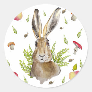 Cute hare with a background of apples and mushroom classic round sticker
