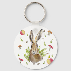 Cute hare with a background of apples and mushroom keychain