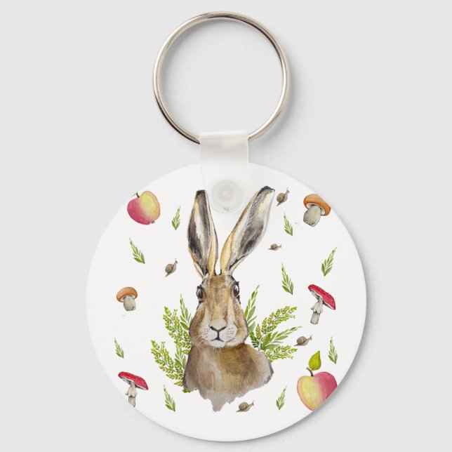 Cute hare with a background of apples and mushroom keychain (Front)
