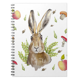 Cute hare with a background of apples and mushroom notebook