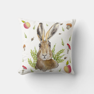 Cute hare with a background of apples and mushroom throw pillow