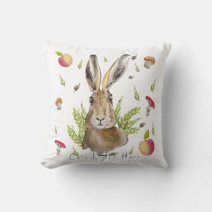Cute hare with a background of apples and mushroom throw pillow