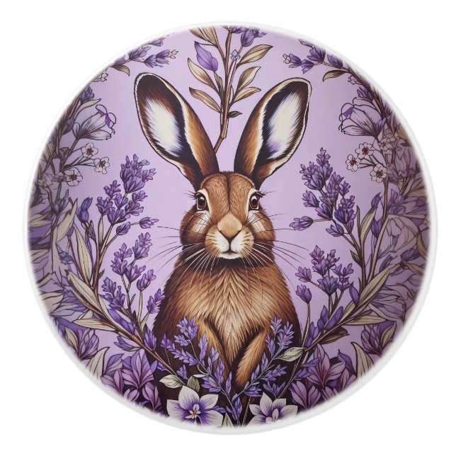 Cute Hare With Lavender William Morris Inspired  Ceramic Knob (Front)