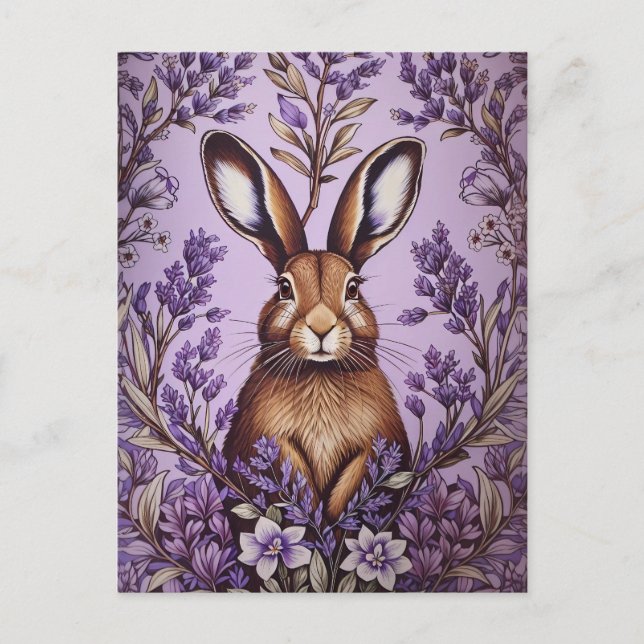 Cute Hare With Lavender William Morris Inspired  Postcard (Front)