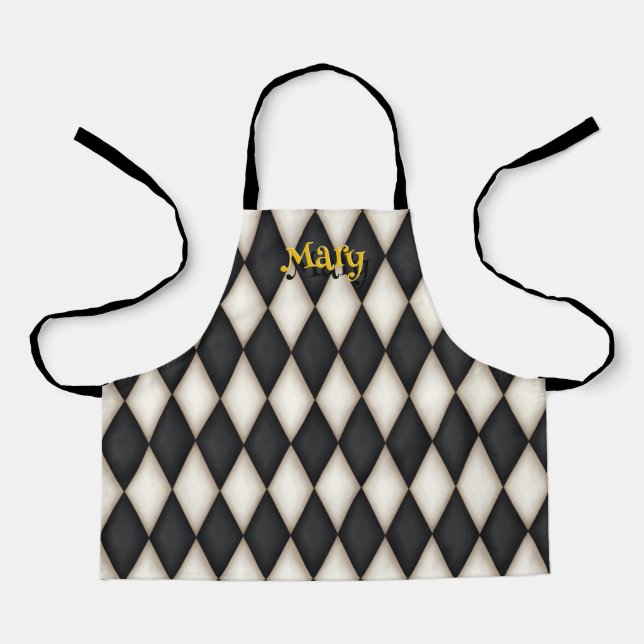 Cute Harlequin Pattern Playful Personalized Name Apron (Front)