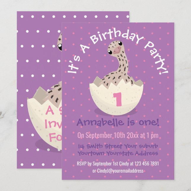 Cute hatching baby ostrich cartoon illustration invitation (Front/Back)