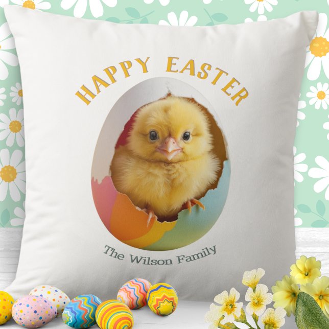Cute Hatching Chick Colourful Happy Easter Egg Throw Pillow (A pillow with Happy Easter words and picture of a cute yellow chick hatching out of a colorful egg)