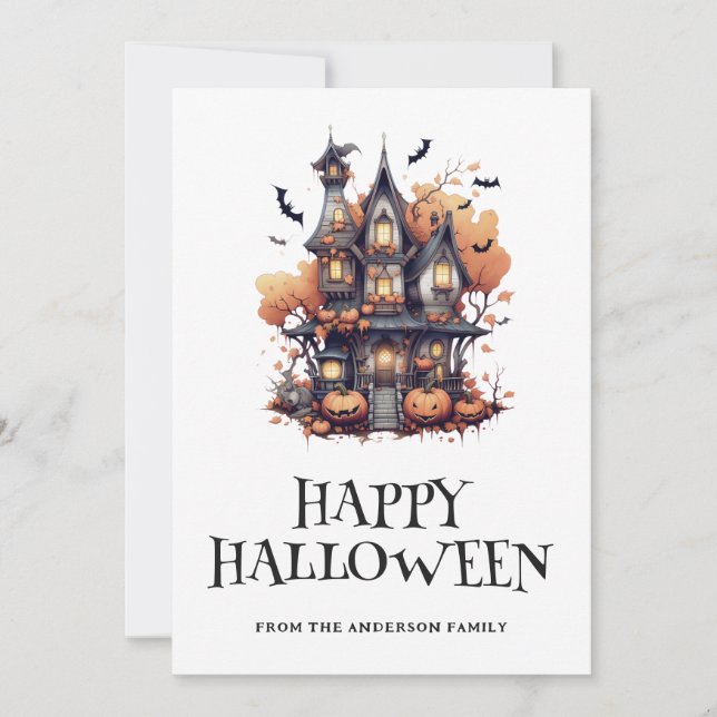 Cute Haunted House Bats Pumpkins Halloween Card (Front)