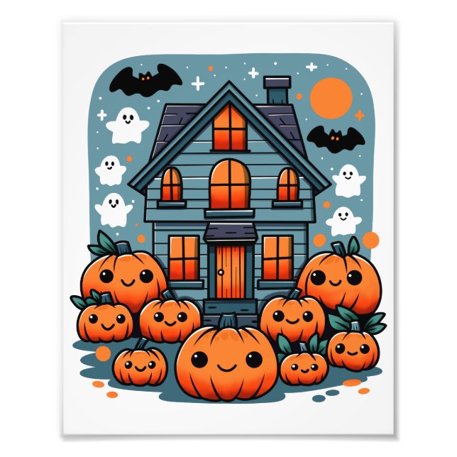 Cute Haunted House Halloween Pumpkins Ghosts & Bat Photo Print (Front)