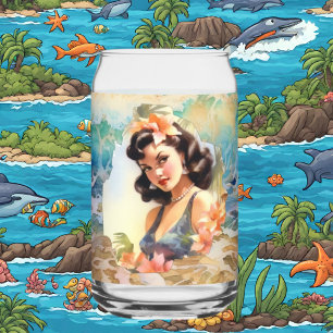 Cute Hawaii beach Retro lady beach house Can Glass