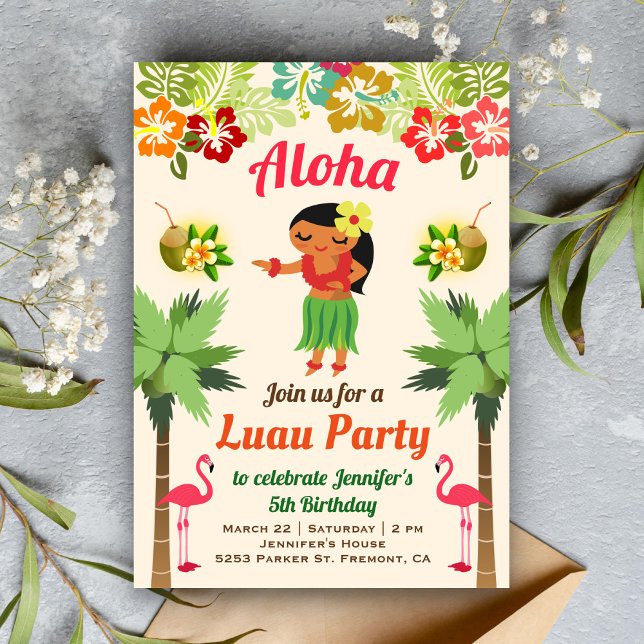 Cute Hawaiian Hula Girl Luau Invitation de la fête (Créateur téléchargé)