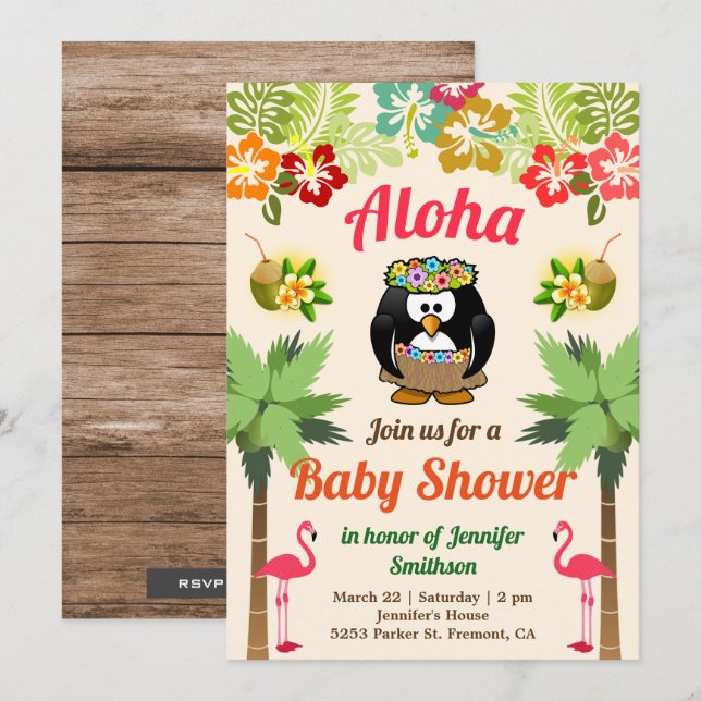 Cute Hawaiian Penguin Luau Baby Shower Invitation (Front/Back)