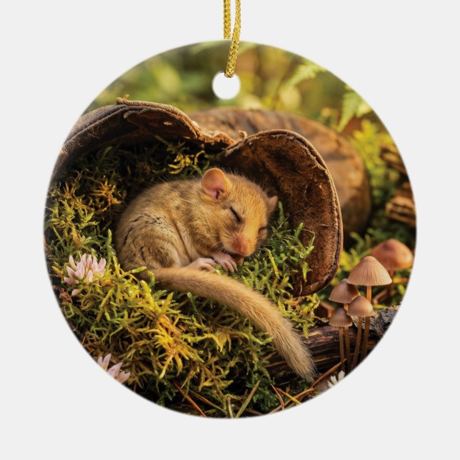 Cute Hazel Dormouse Sleeping Inside a Leather Boot Ceramic Ornament (Front)