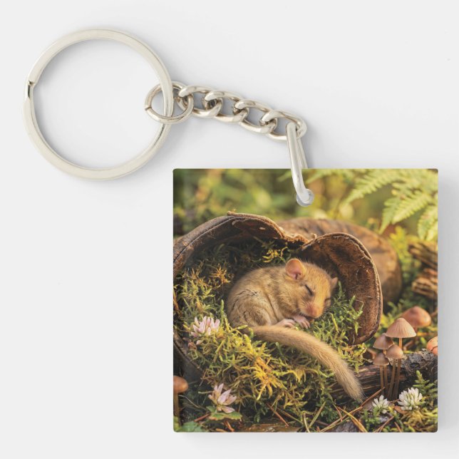 Cute Hazel Dormouse Sleeping Inside a Leather Boot Keychain (Front)