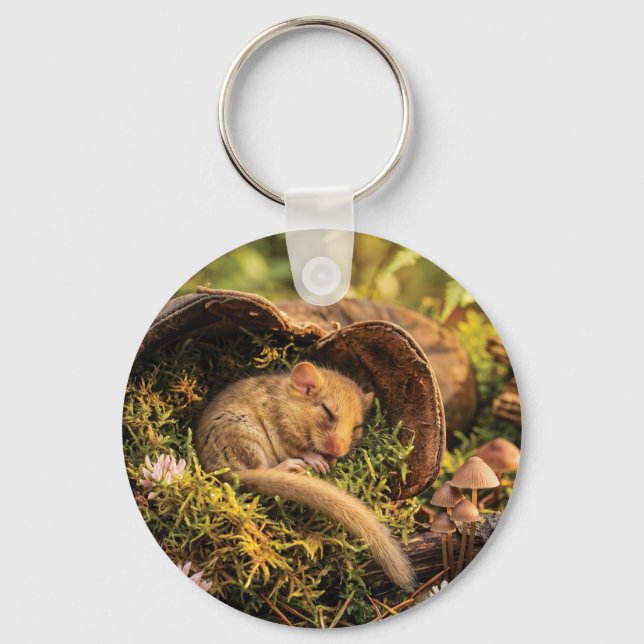 Cute Hazel Dormouse Sleeping Inside a Leather Boot Keychain (Front)