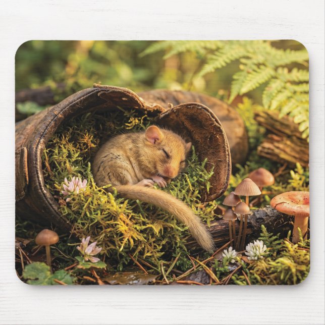 Cute Hazel Dormouse Sleeping Inside a Leather Boot Mouse Pad (Front)