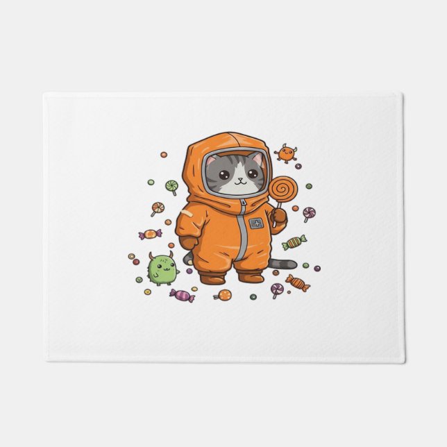 Cute Hazmat Cat Halloween Candy Monster Fun Oversi Doormat (Front)