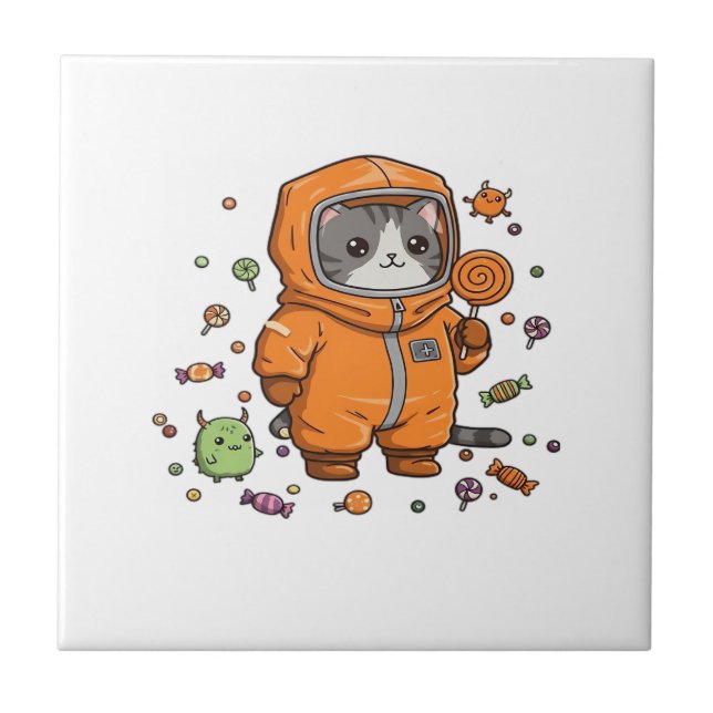Cute Hazmat Cat Halloween Candy Monster Fun Oversi Tile (Front)