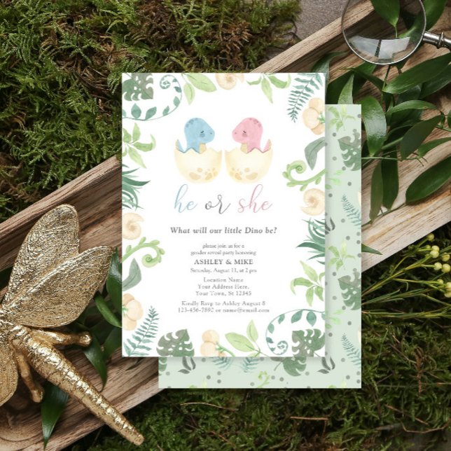 Cute He or She Dinosaur Gender Reveal Jungle Invitation (Creator Uploaded)