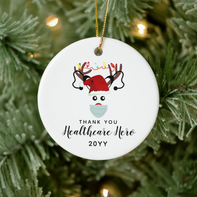 Cute Healthcare Hero Christmas Reindeer Custom Ceramic Ornament (Tree)