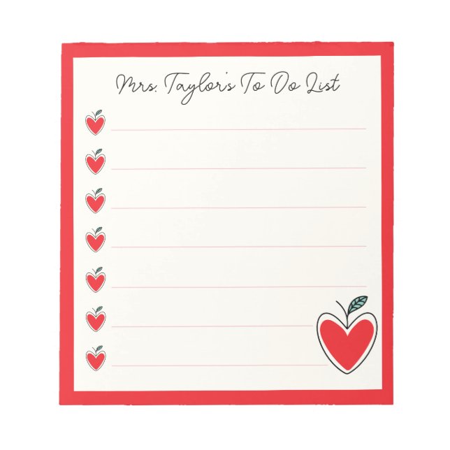 Cute Heart Apple Teacher To Do List Valentine Gift Notepad (Front)