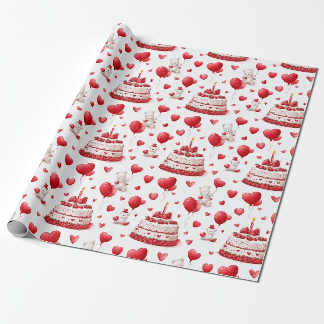 Cute Heart Birthday, Valentine Celebration Pattern Wrapping Paper (Unrolled)