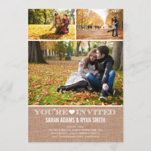 Cute Heart Burlap Wedding Three Photo Invitation