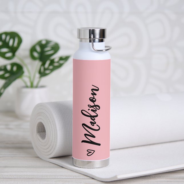 Cute Heart Calligraphy Personalized Black Pink Water Bottle (Yoga)